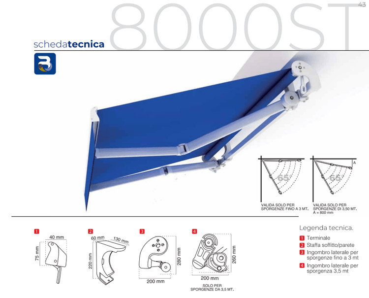 Tenda da sole a bracci Tempotest 8000 ST con barra quadra (senza cassonetto)