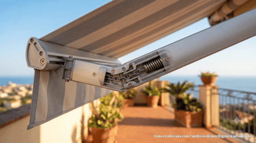 Dettaglio del braccio snodato di una tenda da sole — guida agli accessori IperDomo