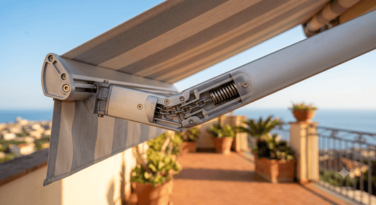 Dettaglio del braccio snodato di una tenda da sole — guida agli accessori IperDomo