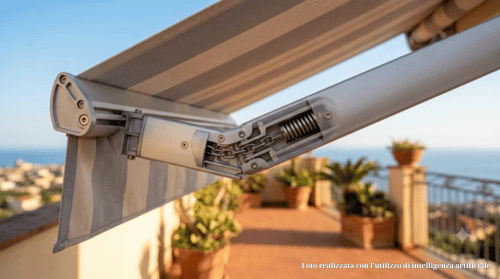 Dettaglio del braccio snodato di una tenda da sole — guida agli accessori IperDomo