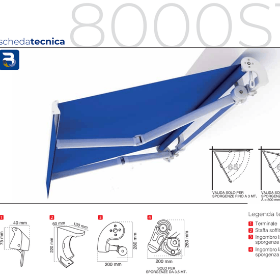 Tenda da sole a bracci Tempotest 8000 ST con barra quadra (senza cassonetto)