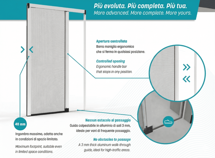 Zanzariera laterale Proxima con guida mobile a scomparsa e installazione senza fori